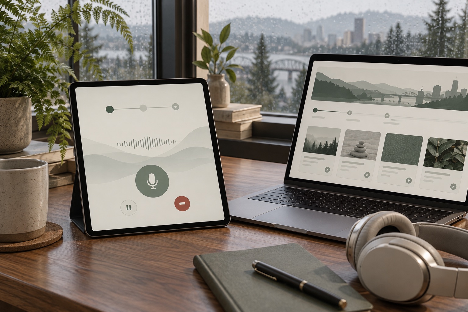 Concept of a guided voice-session tablet beside a member dashboard and headphones