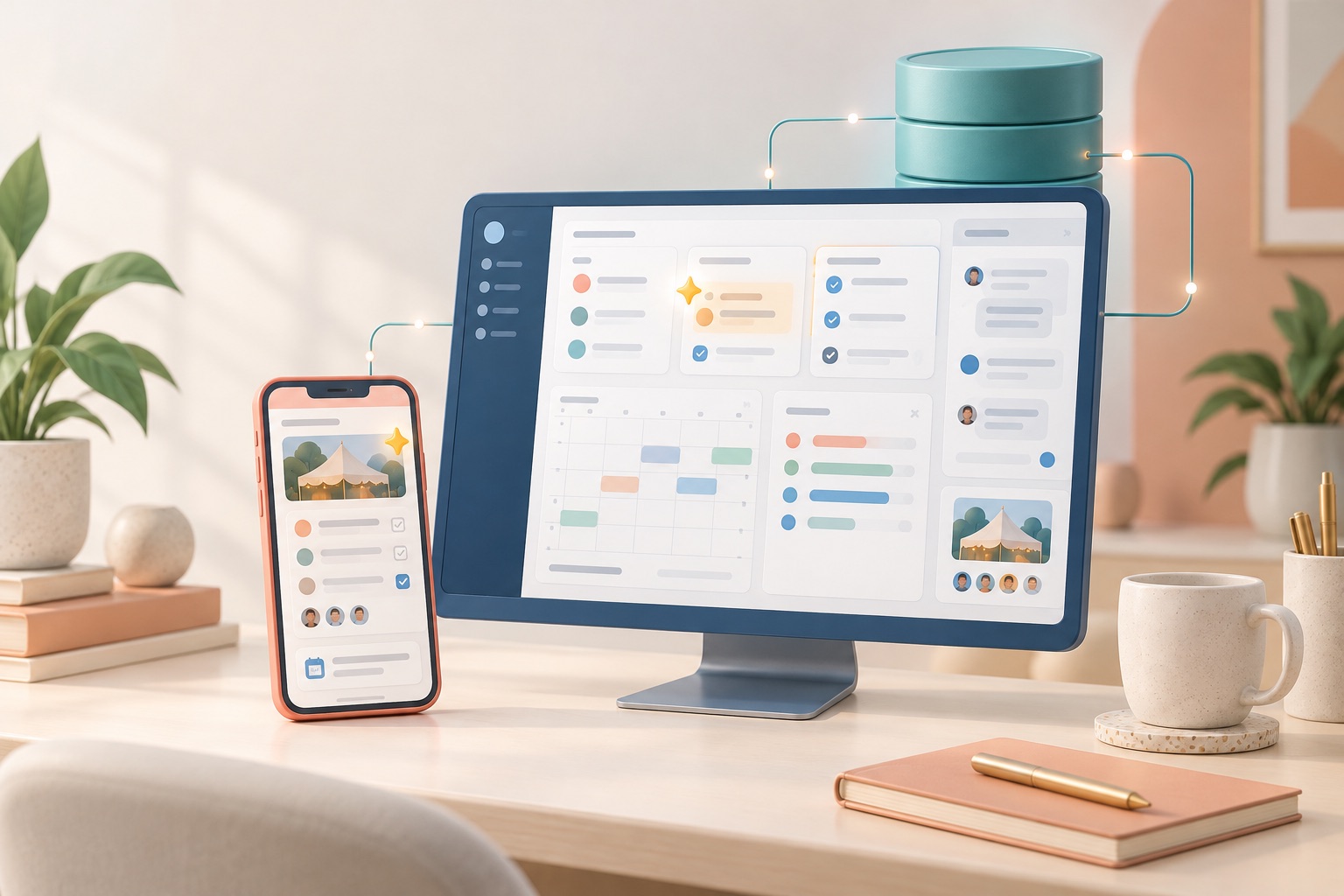 Concept of redesigned event planning screens on desktop and mobile connected to an existing database
