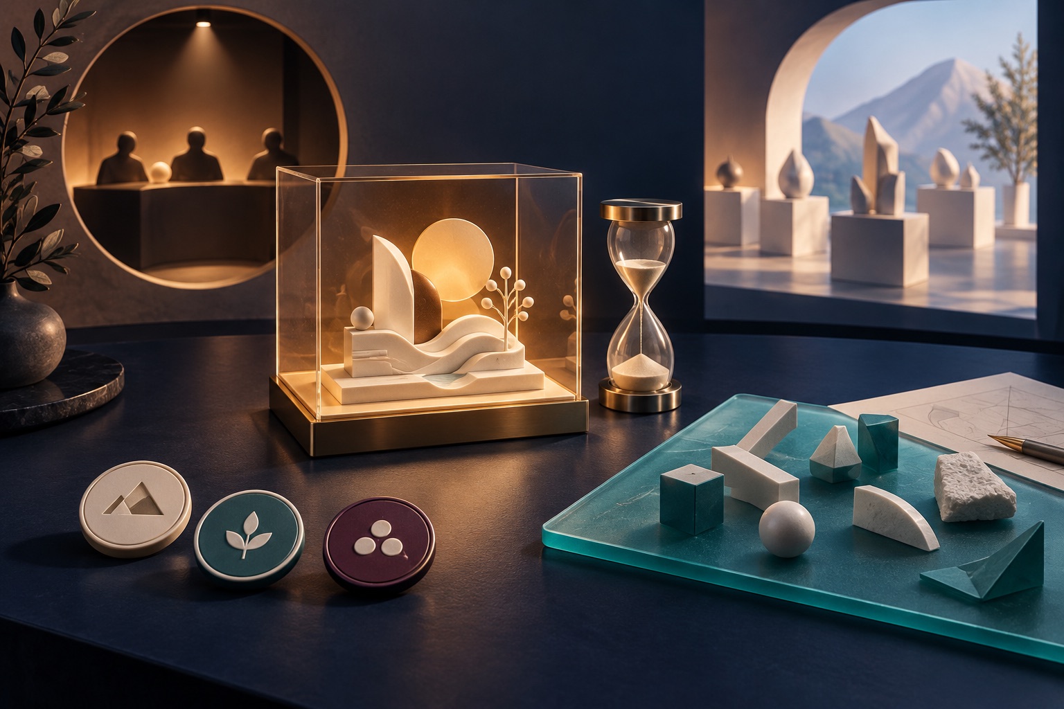 Fictional protected demo model beside an hourglass, team tokens and a separate unfinished project on a teal tray