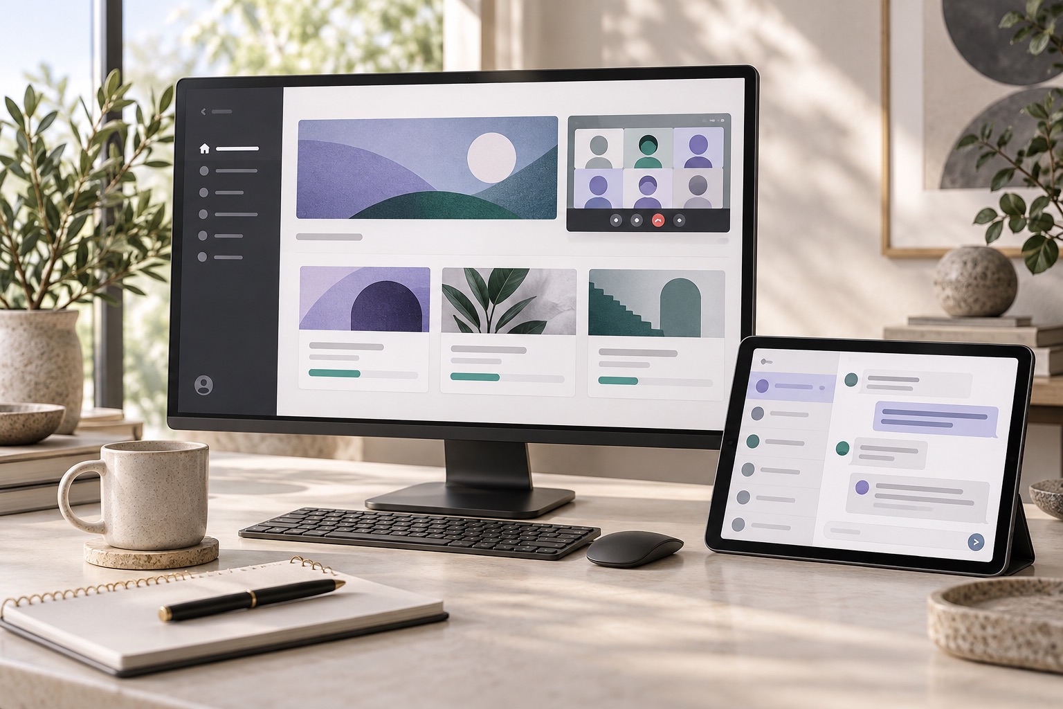 Concept of a course dashboard with a live learning session and a member discussion tablet
