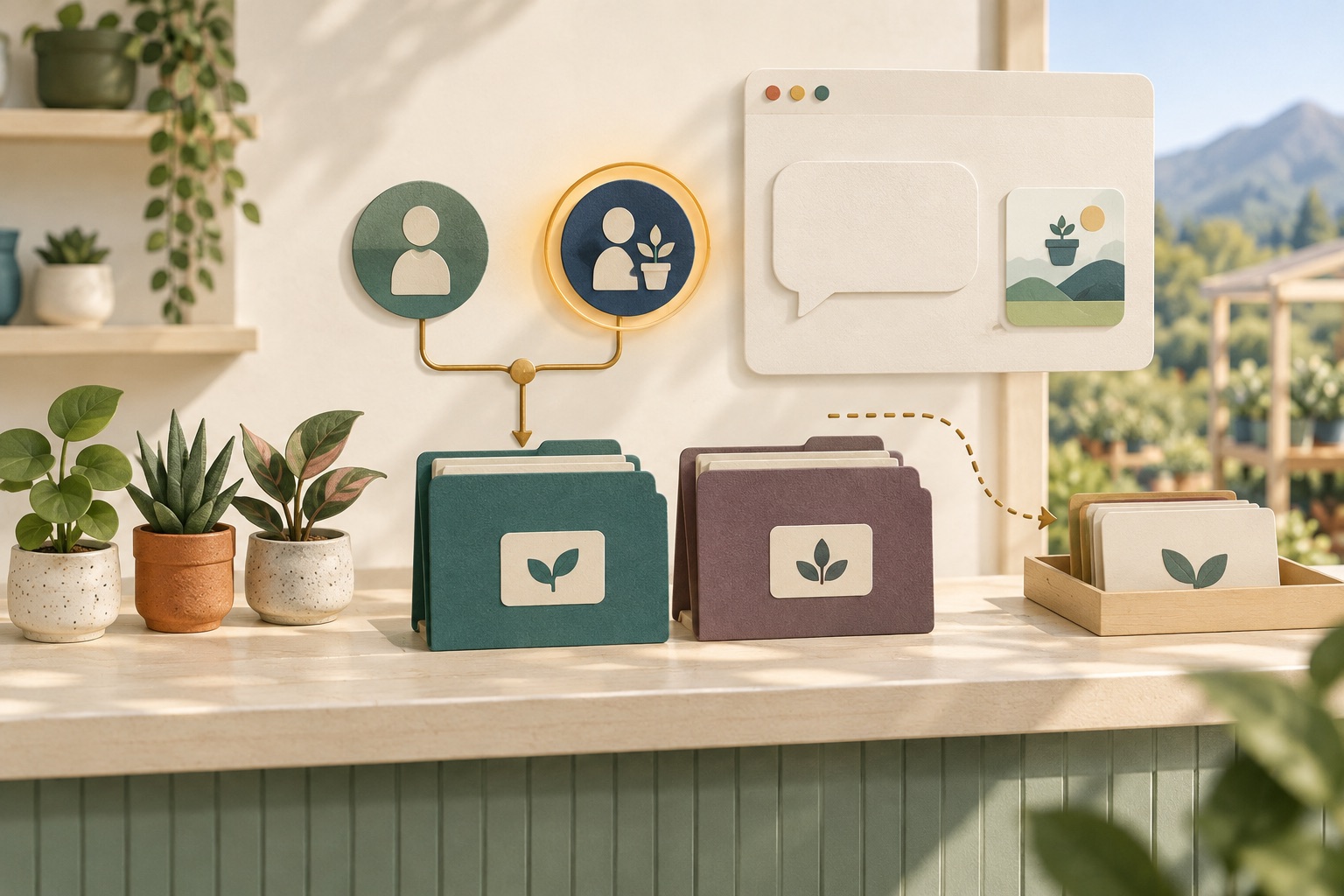 Fictional nursery order folders with separate customer and collector tokens, a communication panel and a background handoff tray