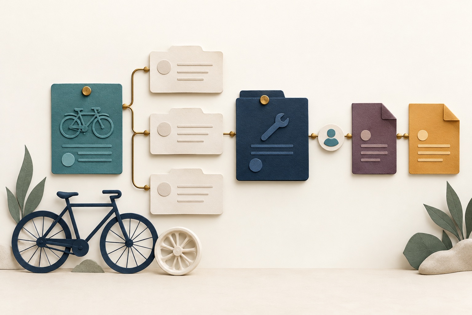 Fictional bicycle record linked to staged intake cards, a staff folder and separate estimate editions with a customer-response token