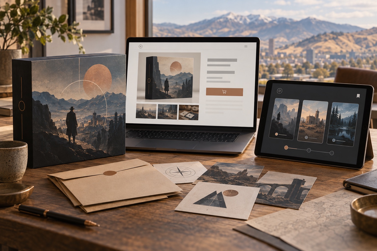 Concept of a physical detective-game kit beside its storefront product page and chaptered digital companion