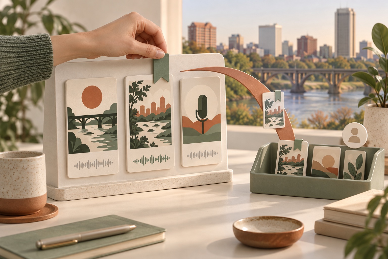 Concept of an episode bookmarked in an archive and connected to the matching card in a personal saved library