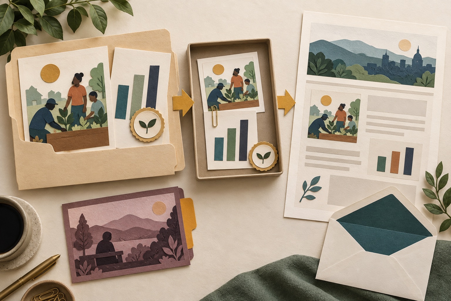 Fictional program-story folder and reporting cards moving through a review tray into a newsletter beside an older story card
