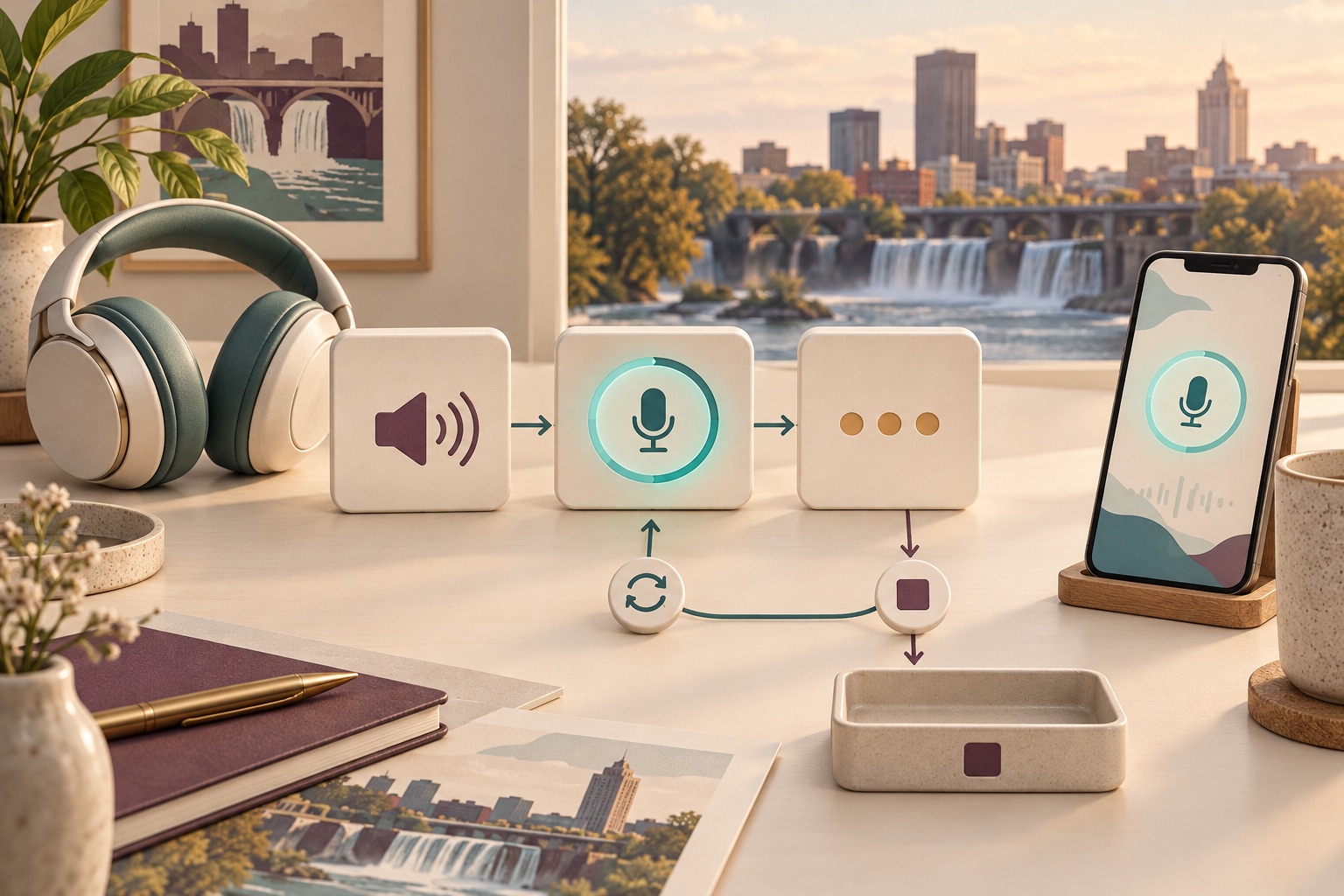 Concept of speaking, listening and waiting states connected to repeat and stop controls beside a phone microphone view