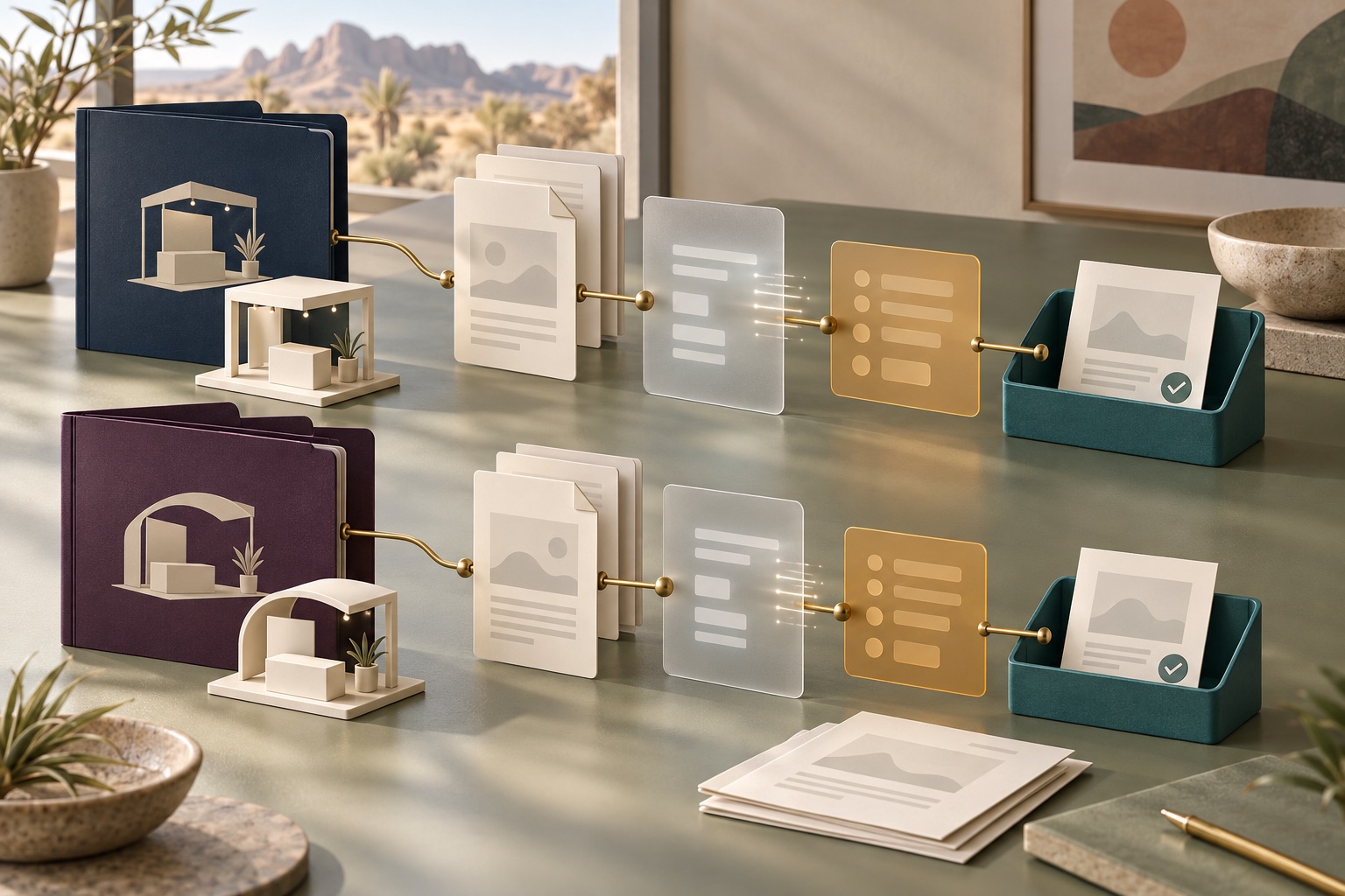 Fictional exhibitor folders and booth models with separate document, draft extraction and review paths