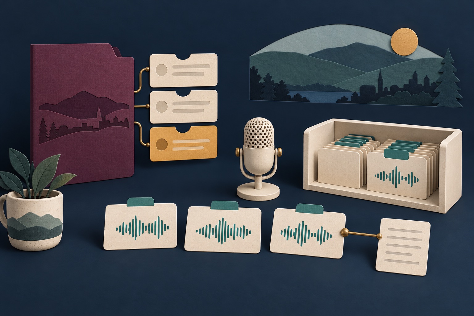 Fictional radio program folder and planned-slot cards beside separate audio archive records and a transcript sheet