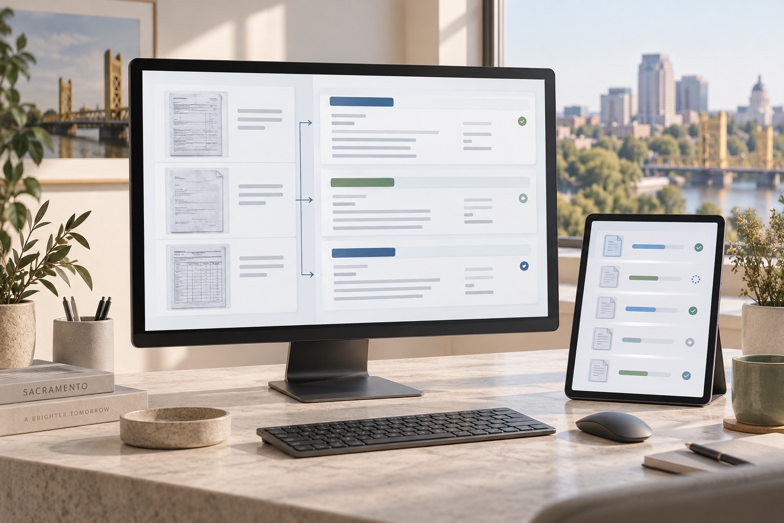 Concept of source document thumbnails connected to structured review sections and a processing queue