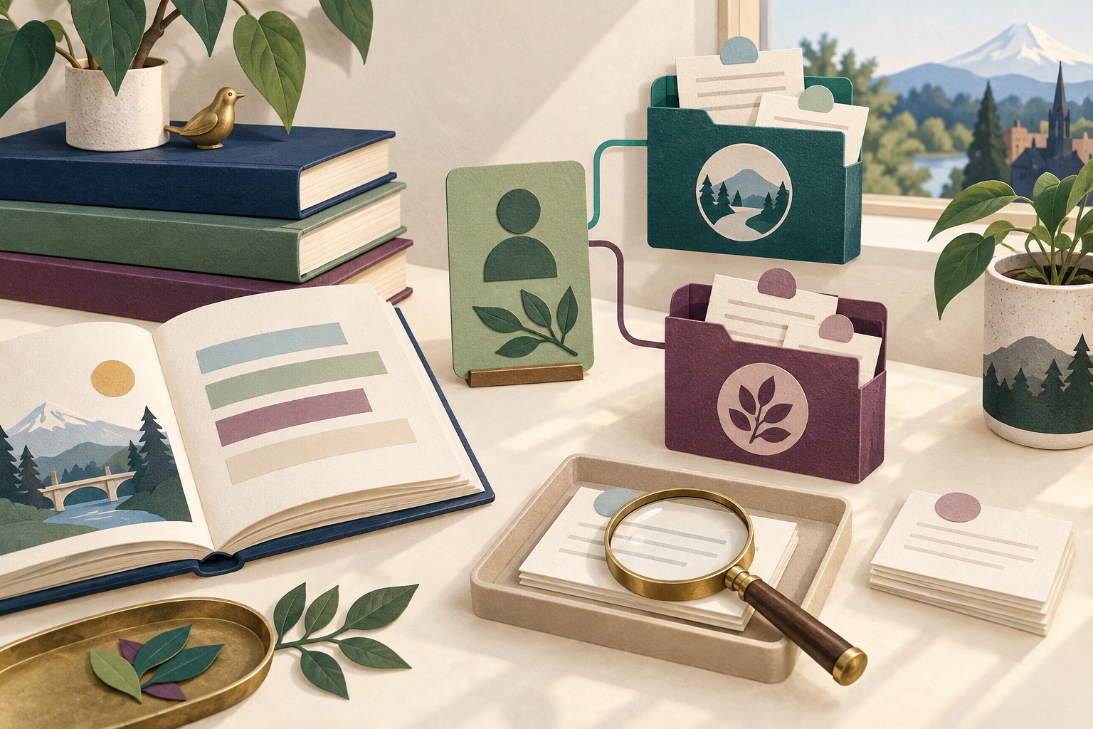 Fictional reader profile connected to separate challenge folders and a staff review tray beside blank-spine books