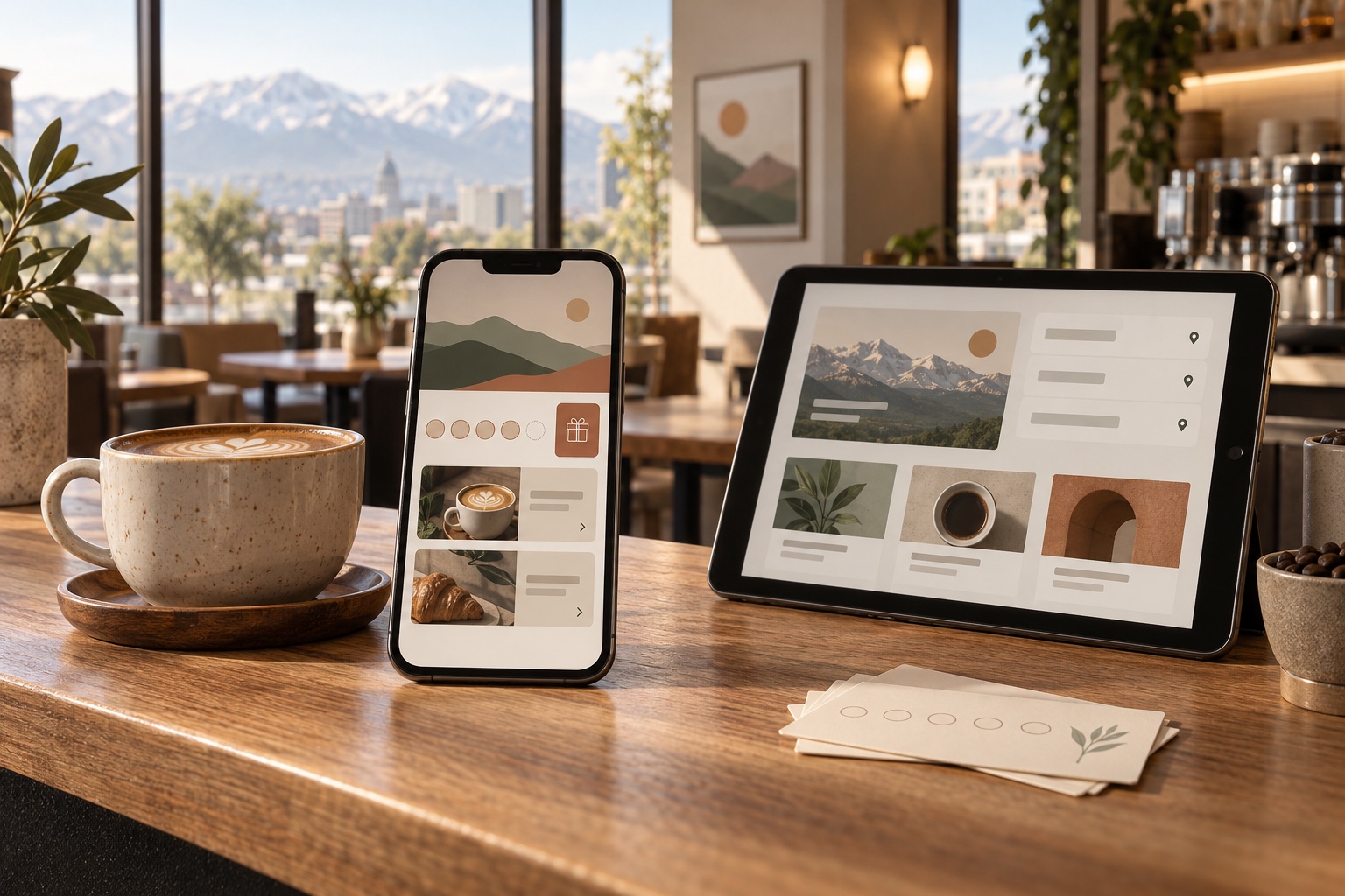 Concept of a digital café loyalty card and local offers beside a campaign preview tablet and coffee cup
