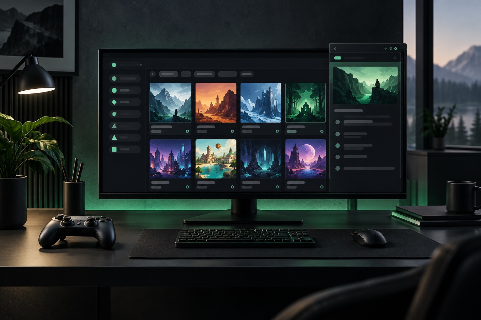 Concept of a game-guide catalogue and companion browser panel on a desktop monitor