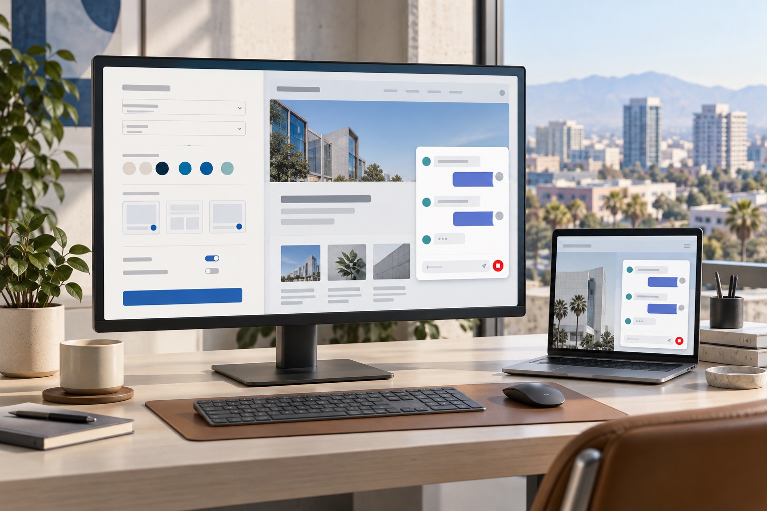 Concept of agent configuration controls beside desktop and narrow-screen chat widget previews