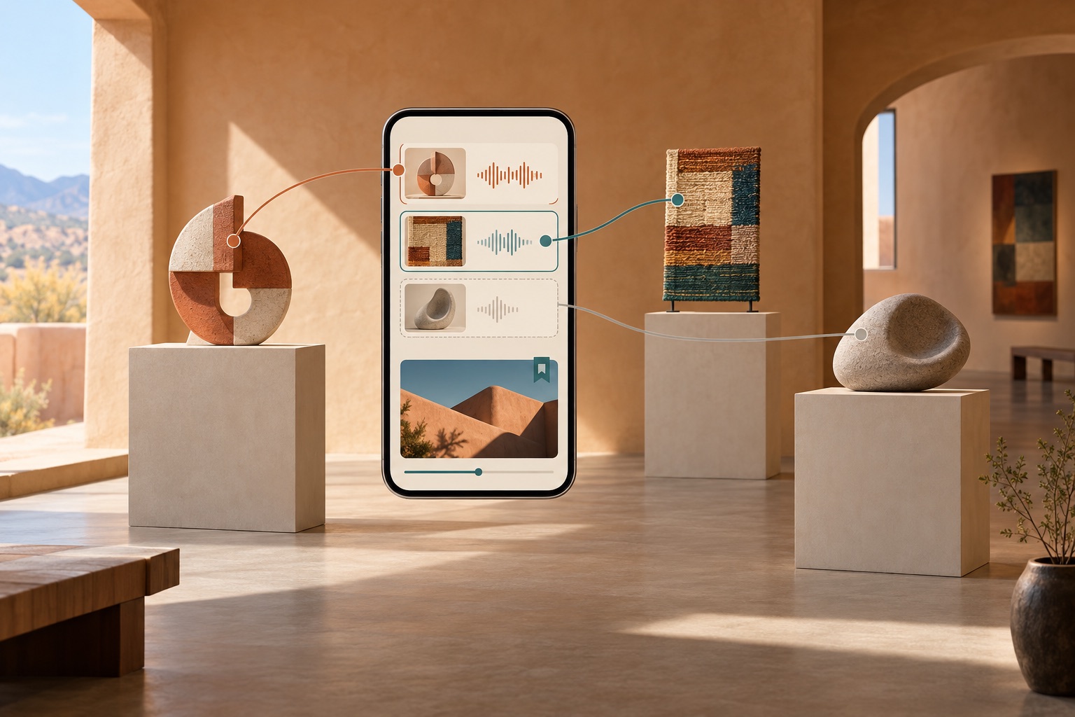 Fictional gallery exhibits linked to chaptered media and a saved-position marker on a visitor companion interface