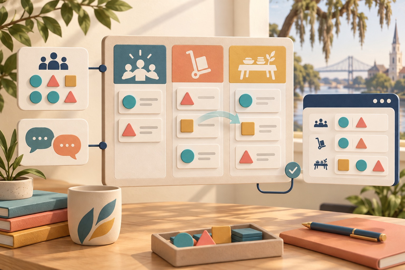 Concept of volunteer task cards, participant tokens and a reassignment reflected in a connected coordinator view