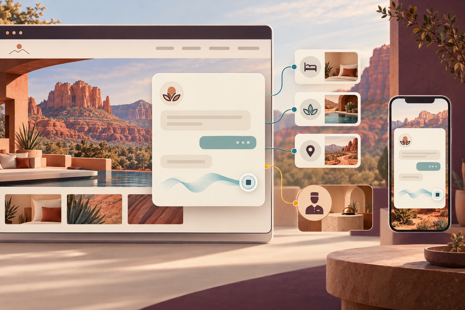 Fictional hotel website with a guest chat widget, approved information cards, a stop control and a separate staff-contact path