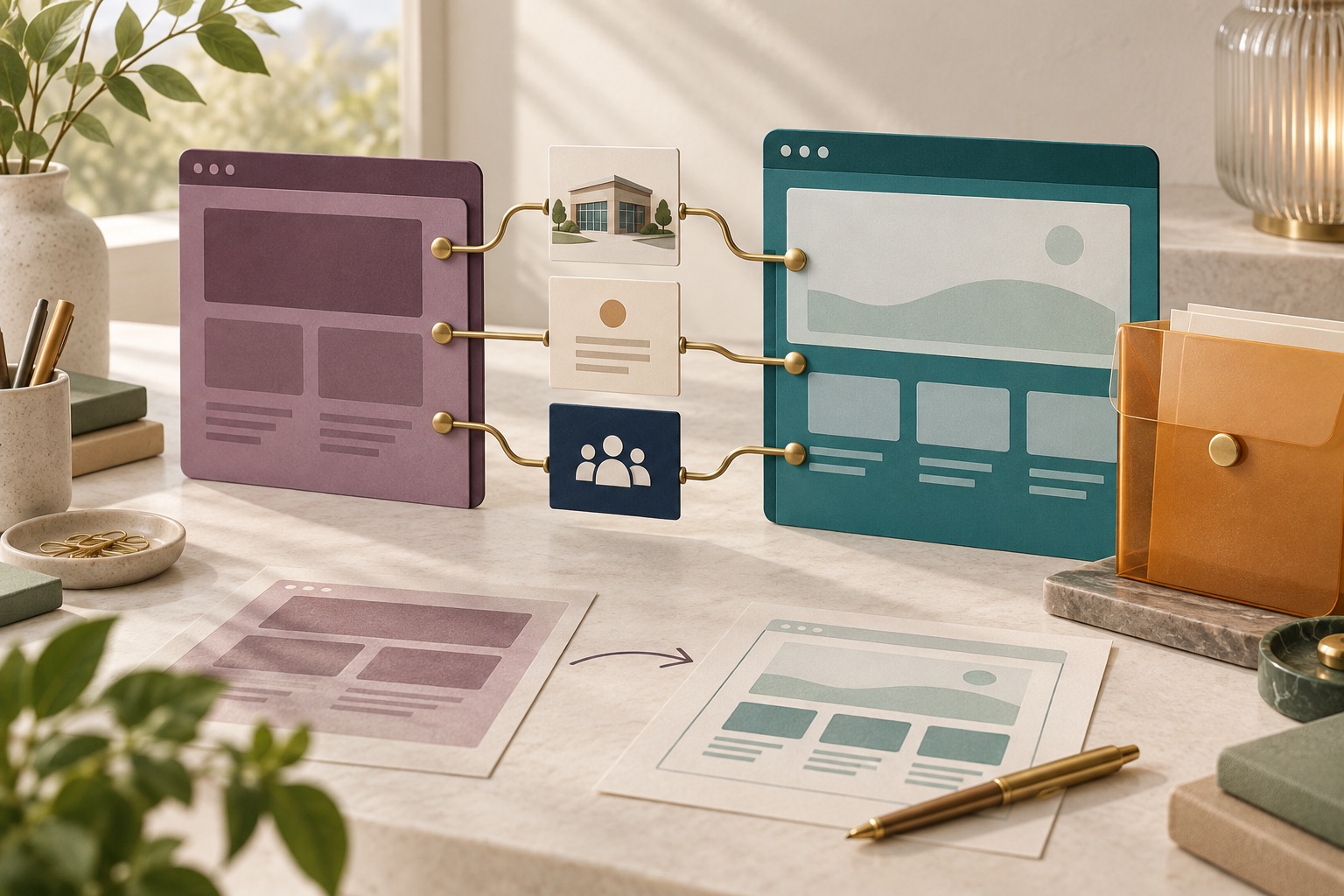 Fictional old and new public website panels connected through separate branch, information and contact cards