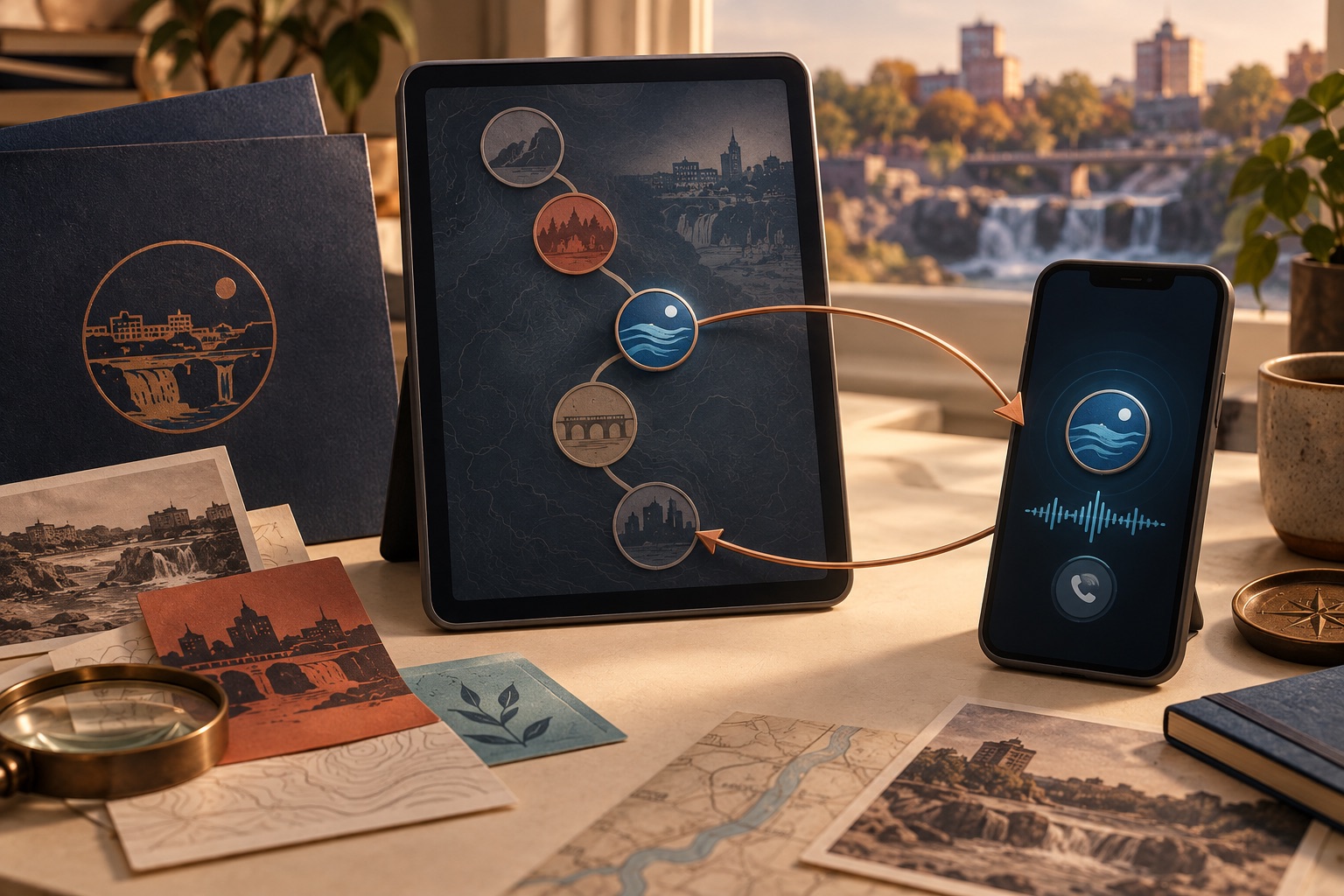 Concept of a detective-game chapter token moving between a tablet companion and a phone interaction