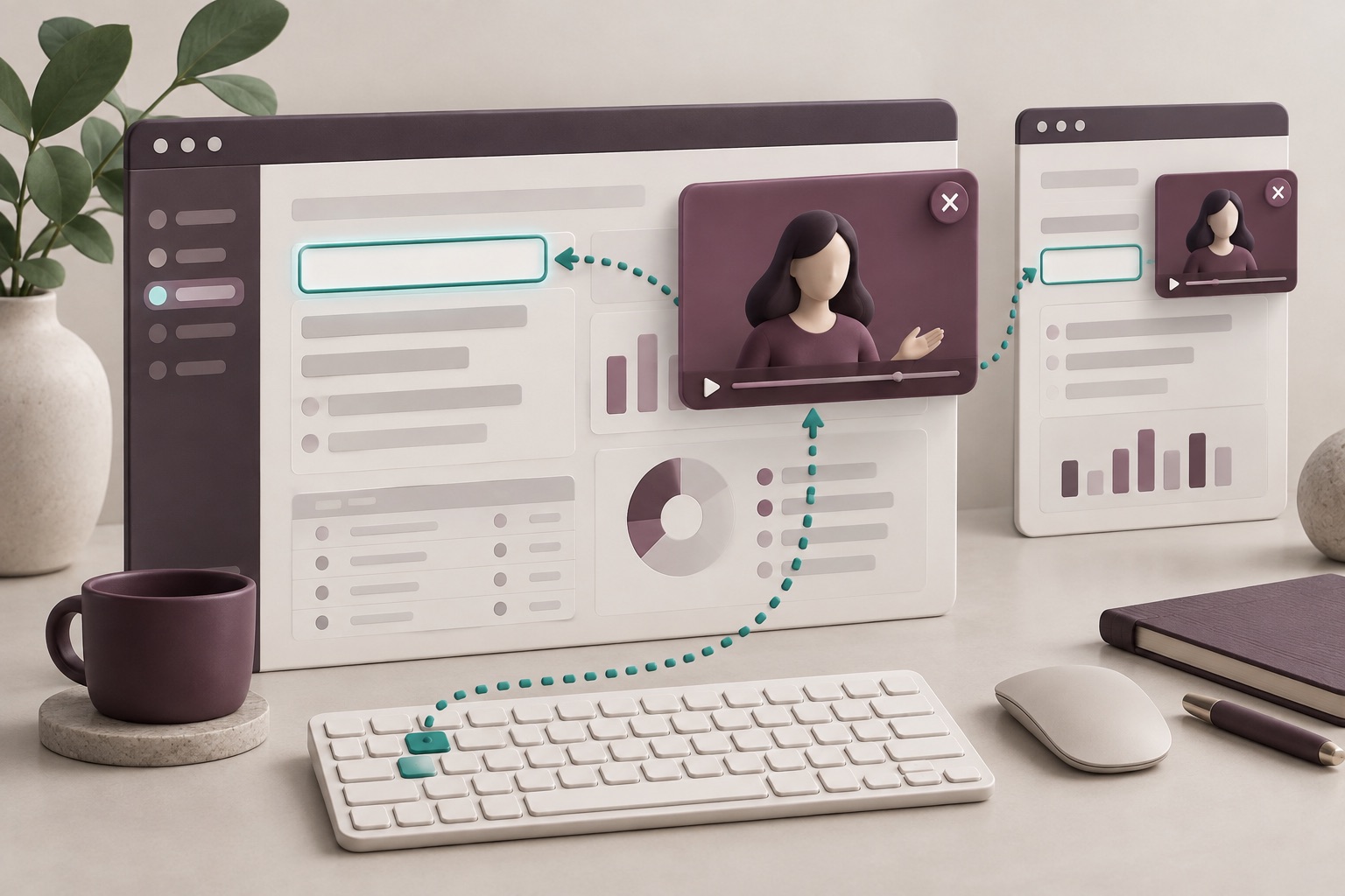 Concept of dismissible video guidance beside a business application with a keyboard-focus path and narrower window