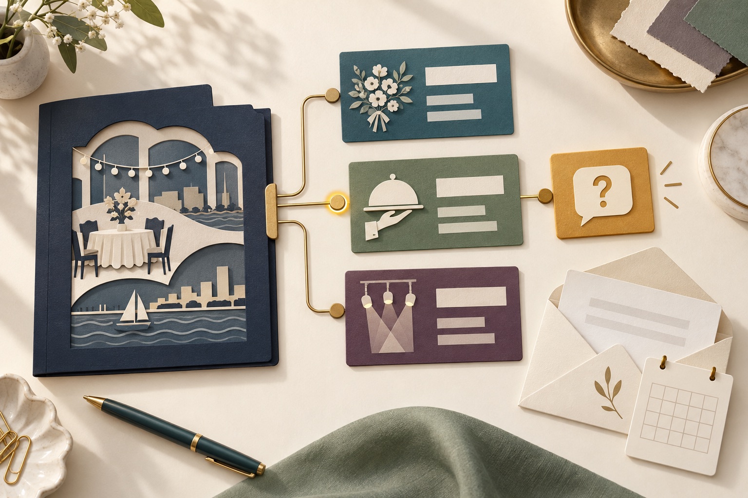 Fictional event-brief folder connected to vendor specialty cards with a separate availability question, enquiry envelope and blank calendar