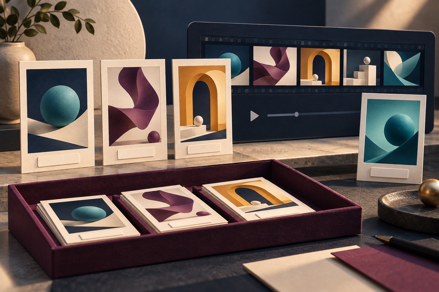 Fictional abstract animation shot cards with blank credit tabs arranged beside a reel player and replacement frame