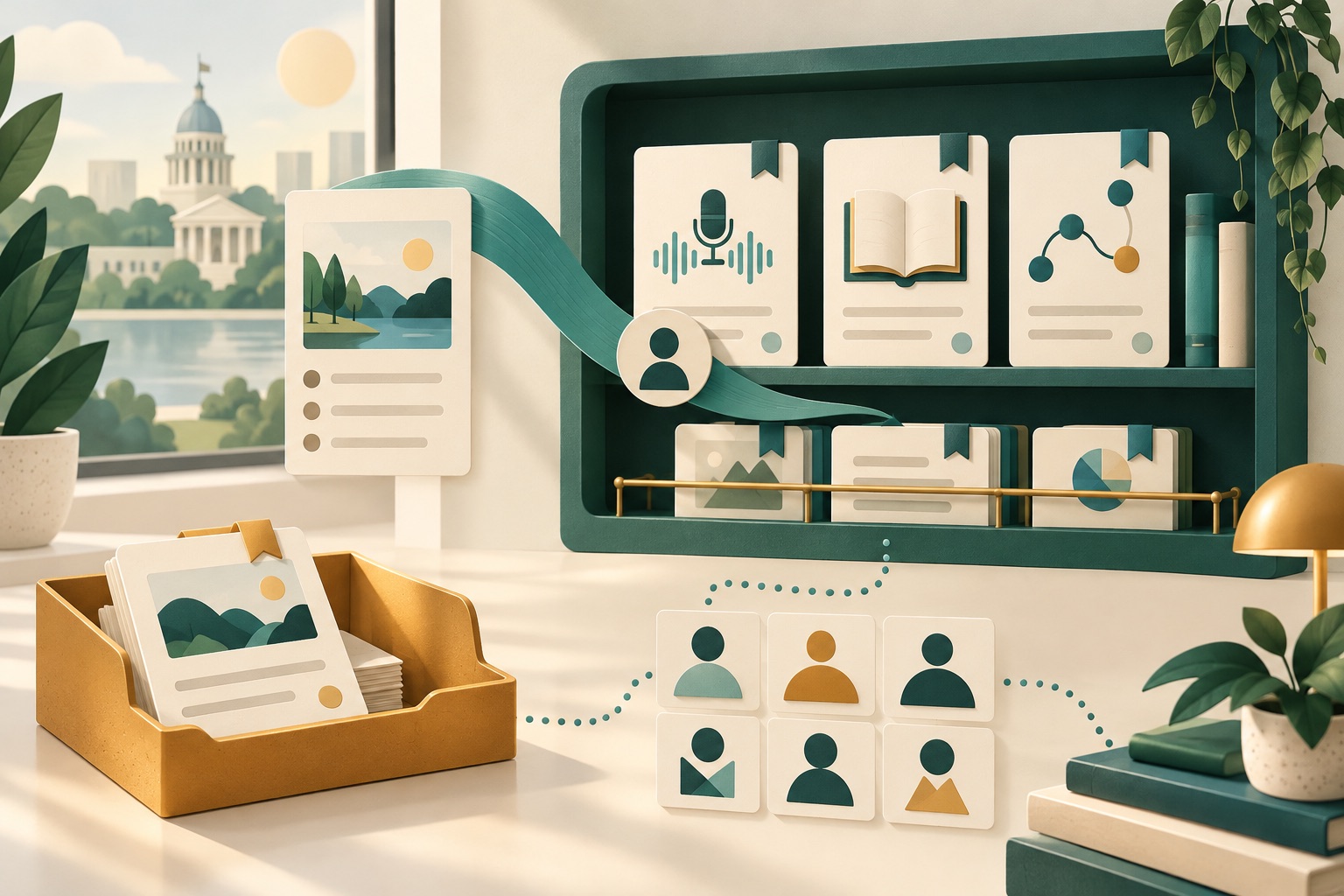 Concept of association learning resources, a personal saved shelf, editorial revisions and connected member profiles