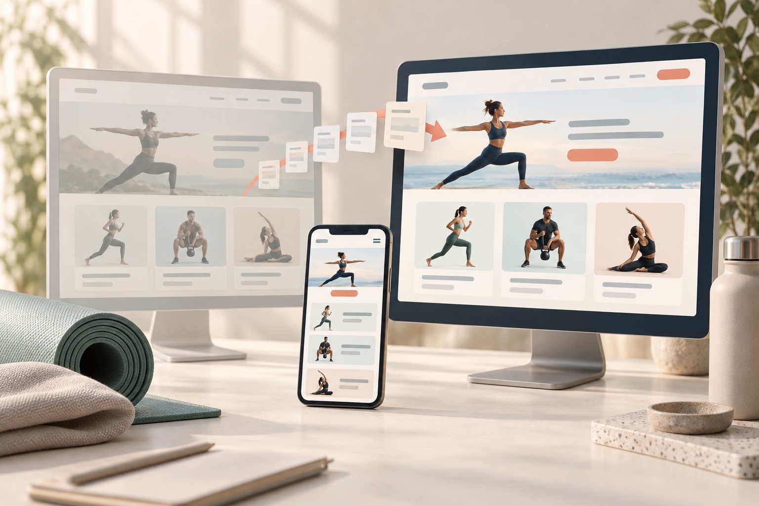 Concept of a fitness marketing website carried between desktop implementations with a matching mobile layout