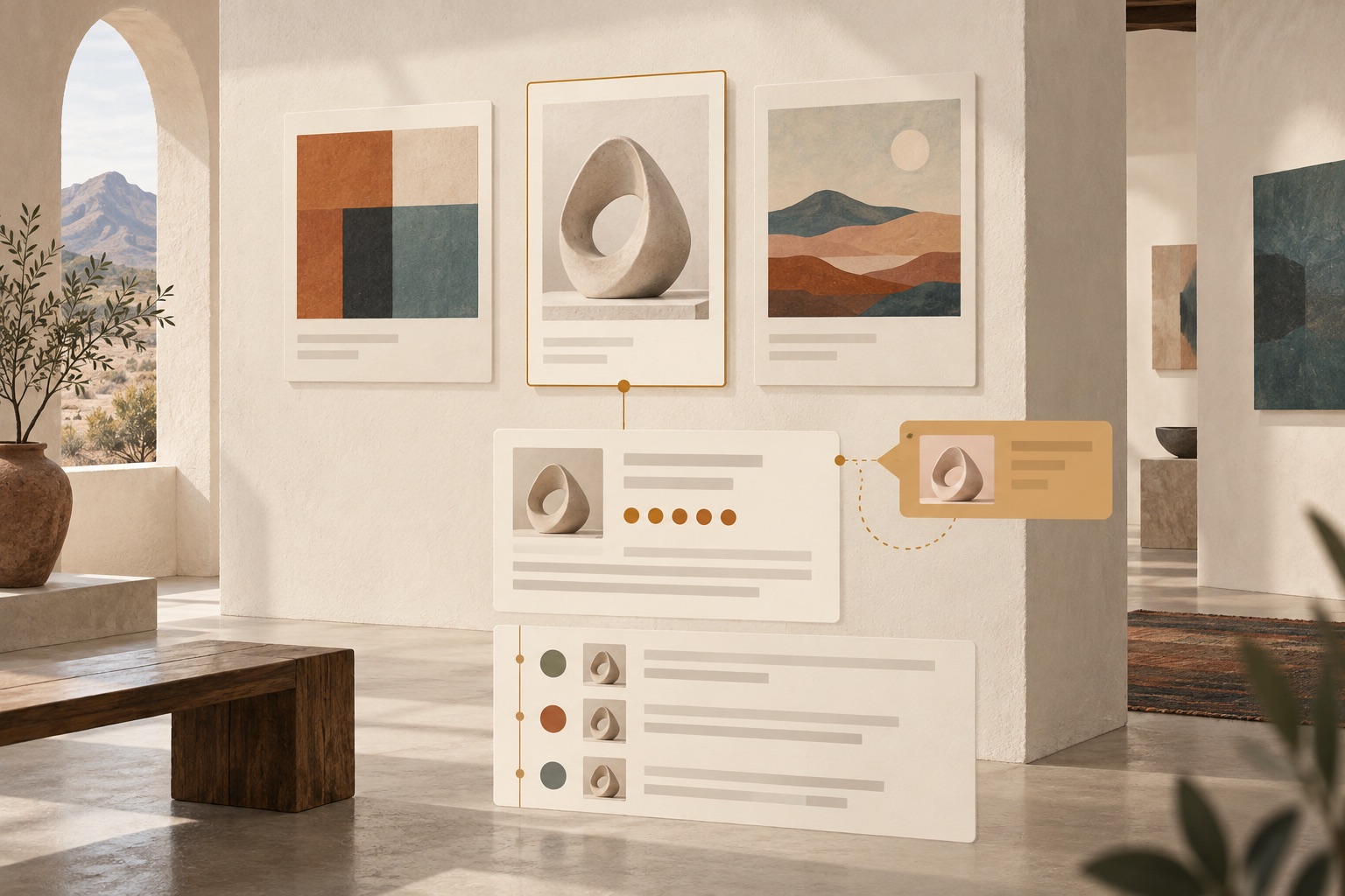 Fictional artworks connected to a member review panel, an editorial correction and a personal contribution history