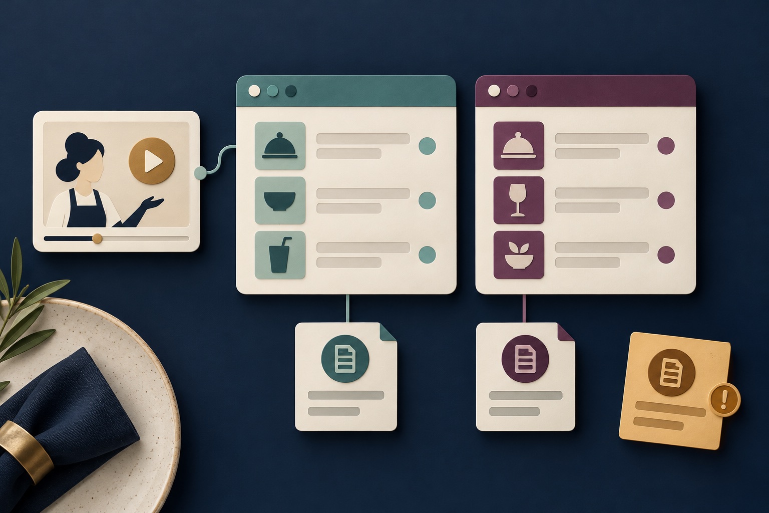 Fictional practice and live restaurant software panels with a guide connected to practice and separate content-version cards