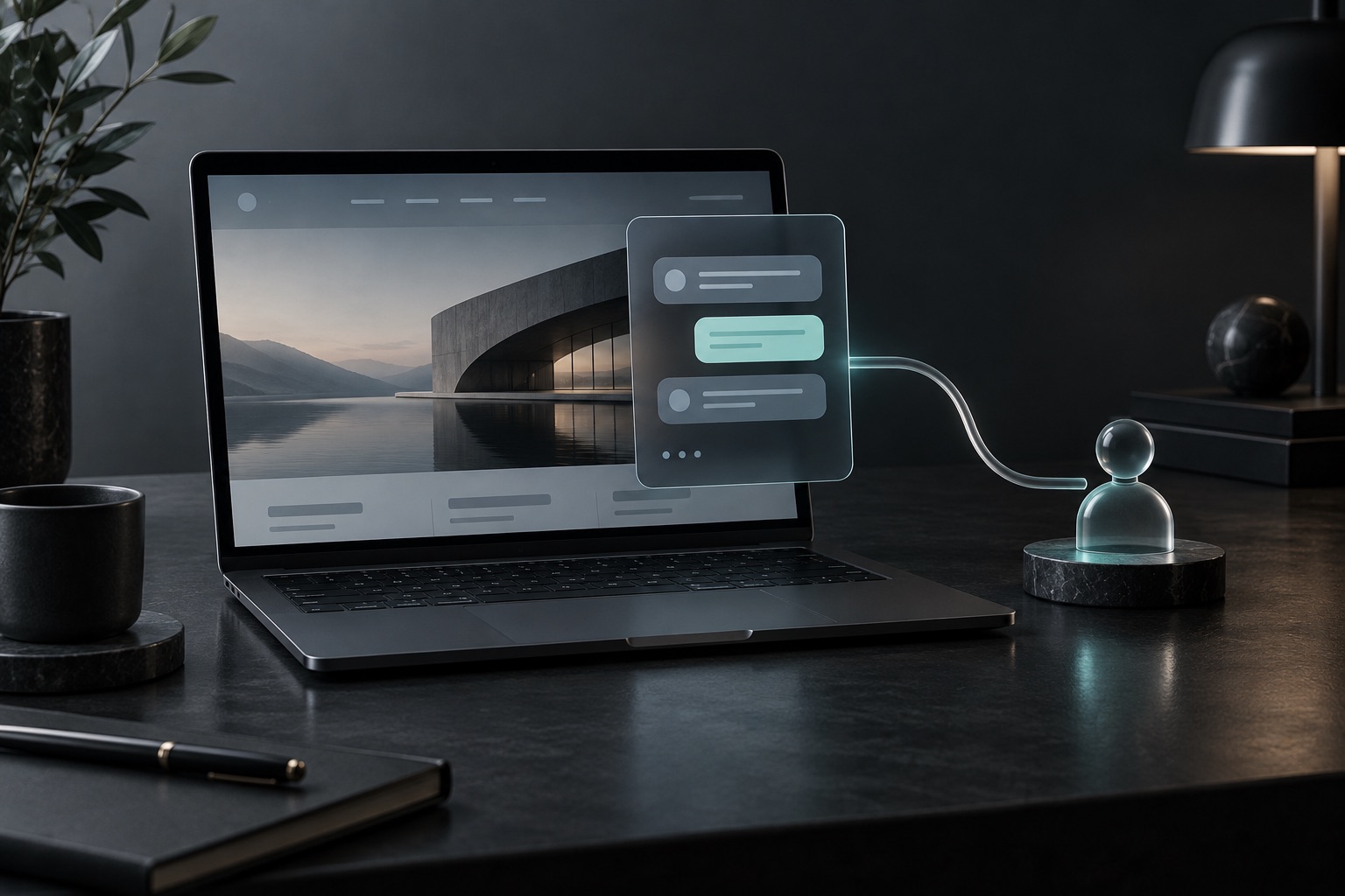 Concept of a website chat panel connected to a glass figure representing human support
