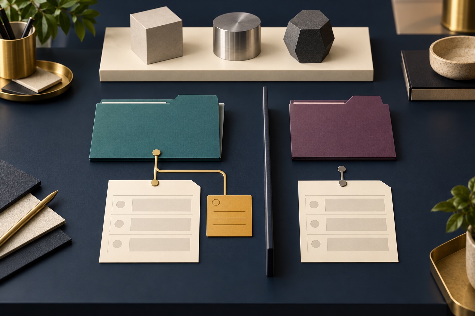 Fictional public component tray above separate buyer-organization folders and quote-request cards with a divider and revision marker