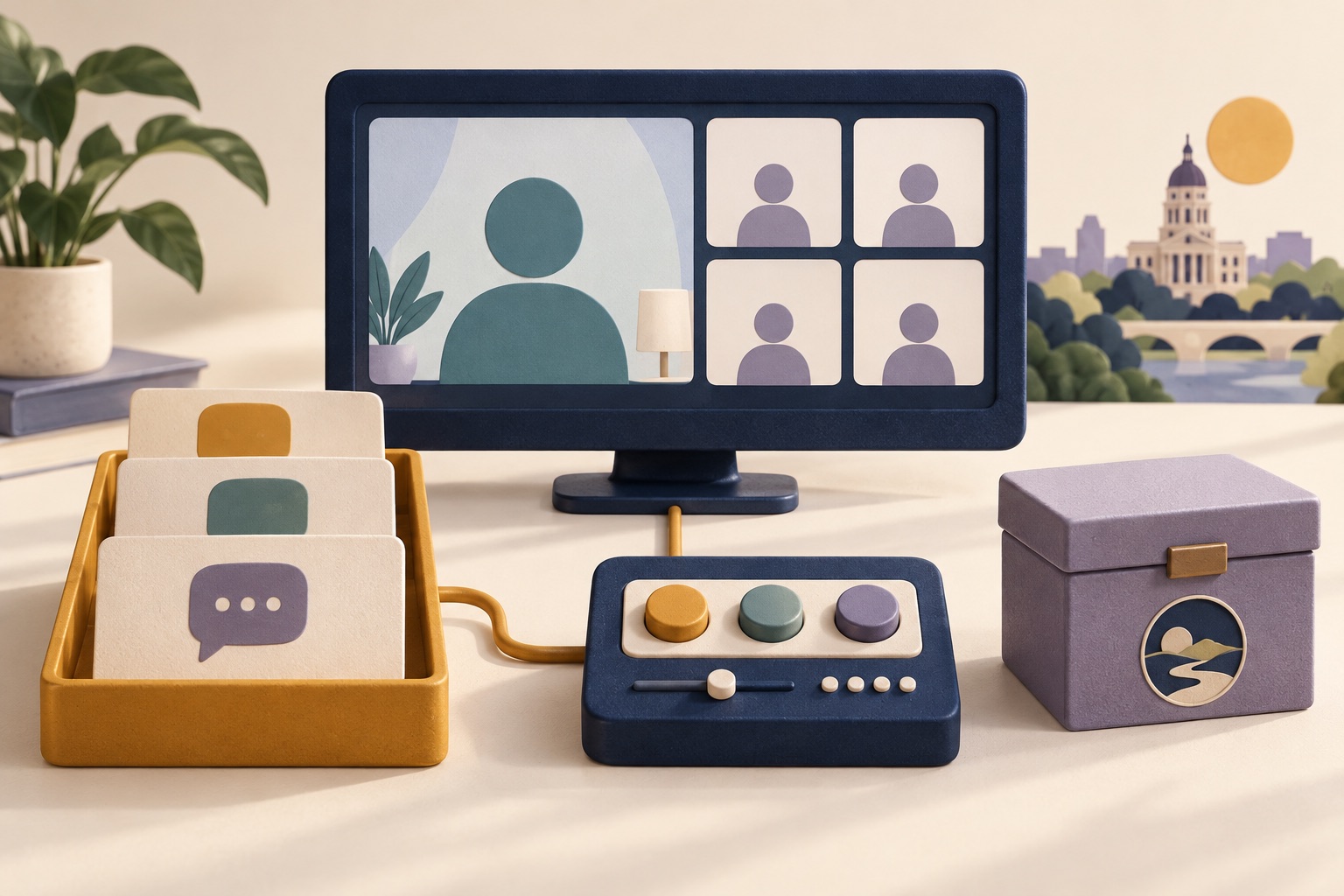 Fictional member video room with host and participant tiles beside a question queue, control console and closed archive box