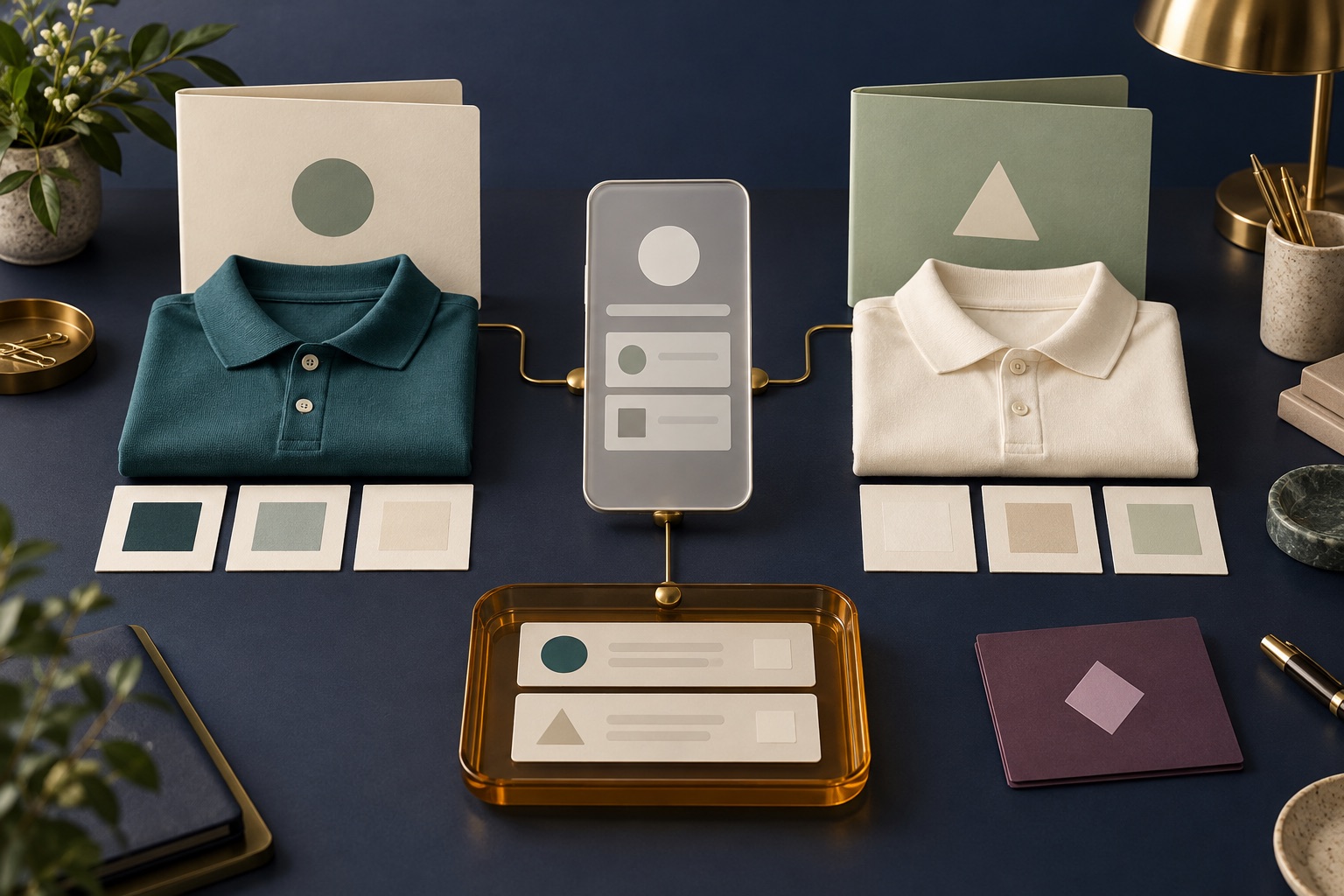 Fictional uniform selections with separate wearer folders, folded shirts and option cards linked to a phone panel and collection tray
