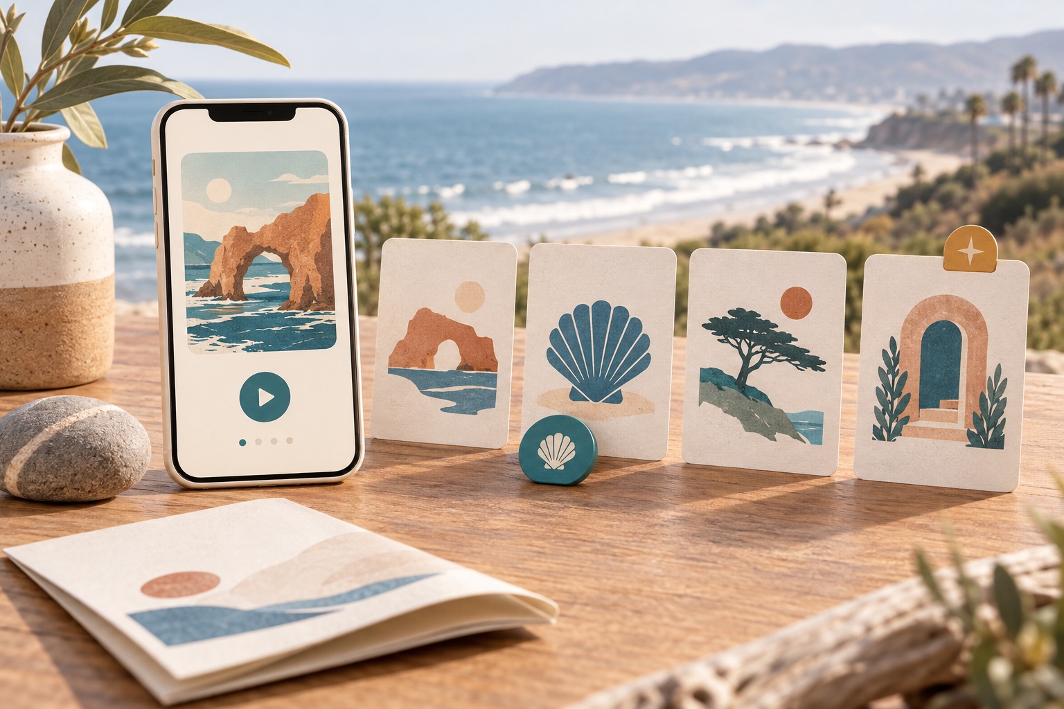Fictional coastal story cards and a shell-shaped position token beside a phone chapter and blank visitor booklet