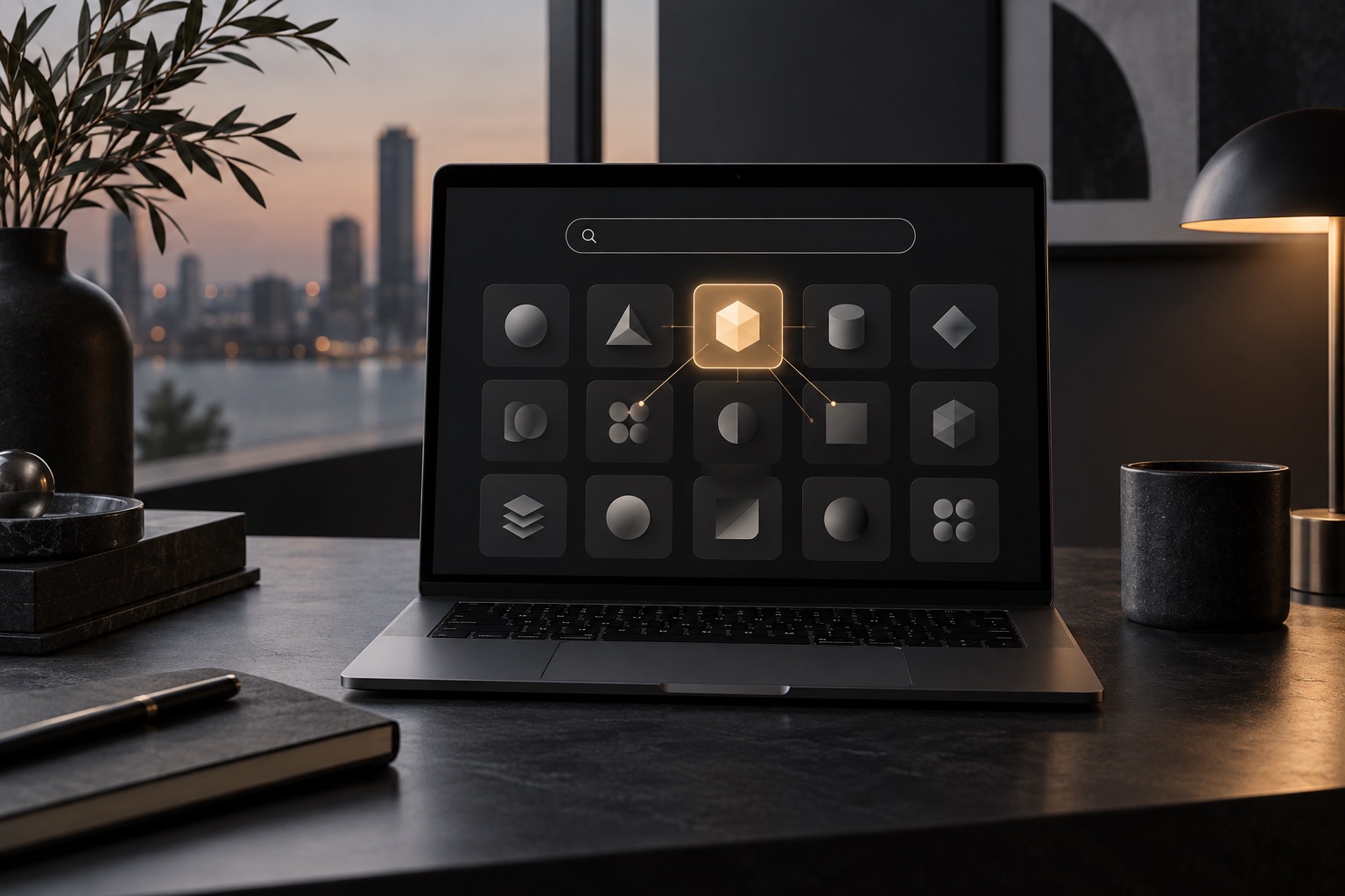 Concept of a software catalogue with a highlighted search result on a laptop