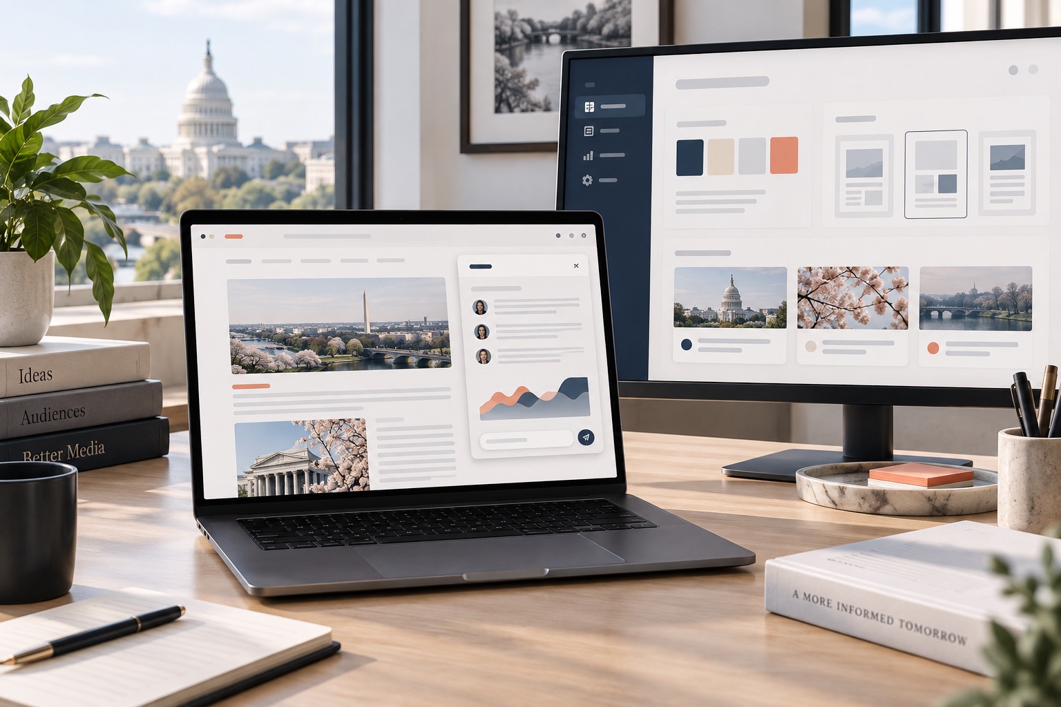 Concept of an article with a separate companion sidebar beside a publisher configuration dashboard