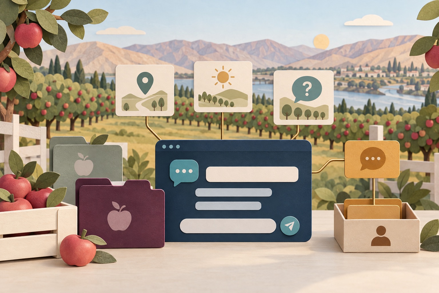 Fictional orchard website help panel connected to visitor information cards, separate season folders and a staff question tray
