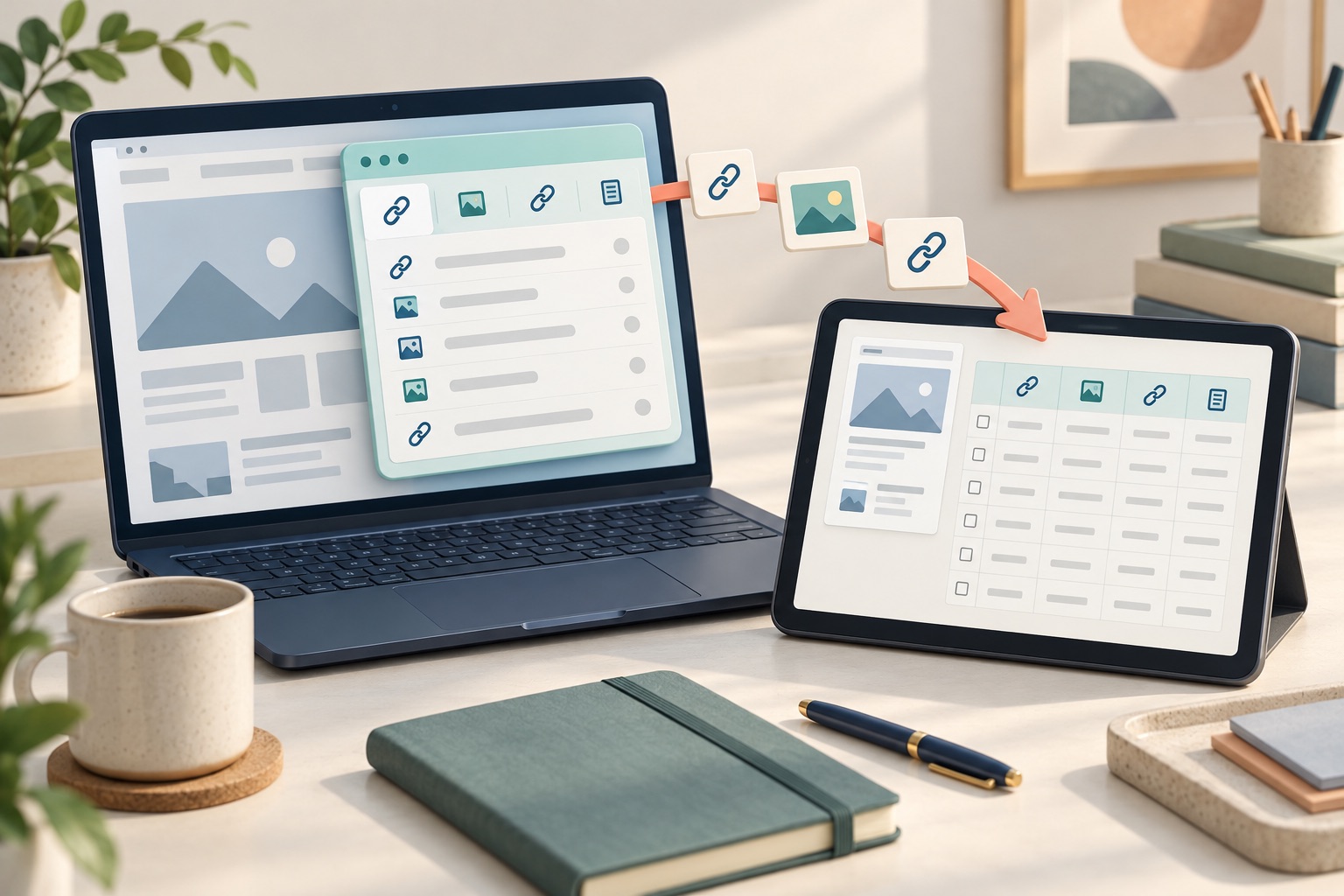 Concept of link and image evidence moving from a browser inspection panel to a review worksheet