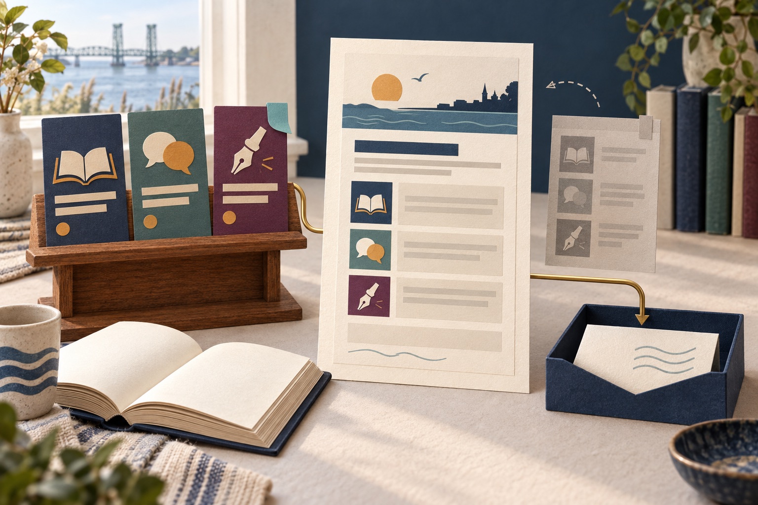 Fictional bookstore event cards assembled into a newsletter with a separate earlier draft and email-platform handoff tray