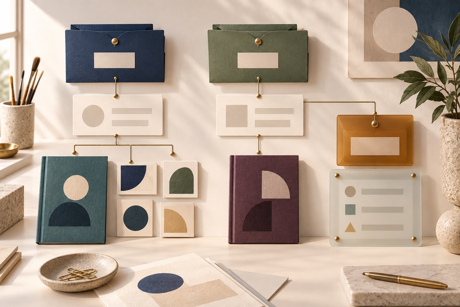 Fictional residency-call folders linked to separate application cards, portfolio booklets, abstract art samples and a status panel