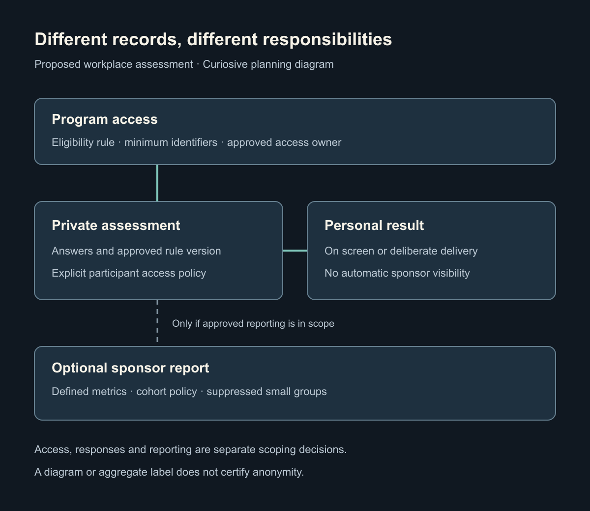 Planning diagram separating workplace-program eligibility from participant answers and personal results, with an optional bounded sponsor report