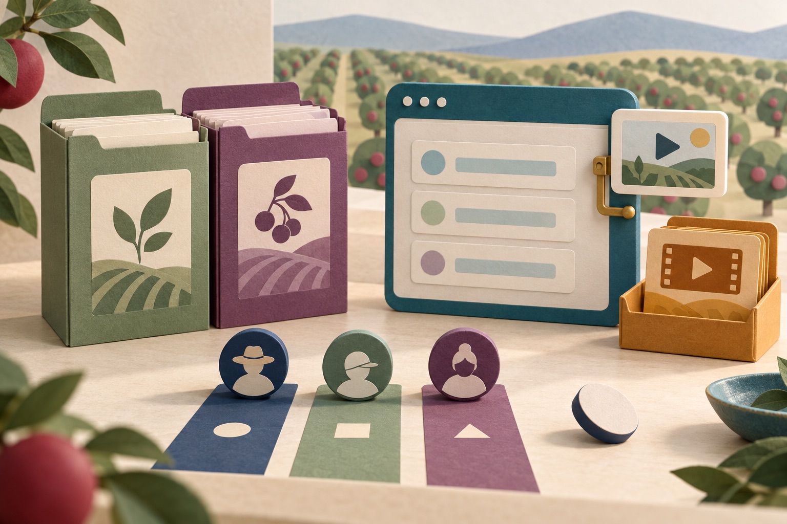 Fictional seasonal cohort folders beside a browser task panel, attached video guide, role tokens and an older video review tray