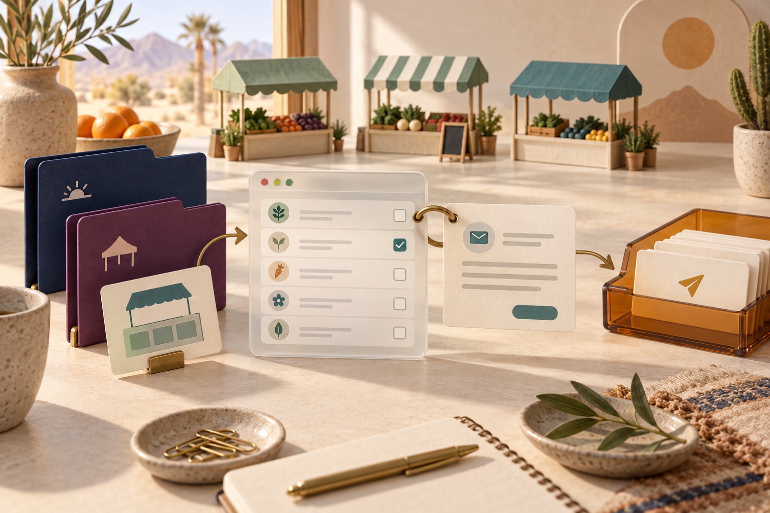 Fictional market-day folders and stalls beside a browser vendor list connected to a draft message and queued-message tray